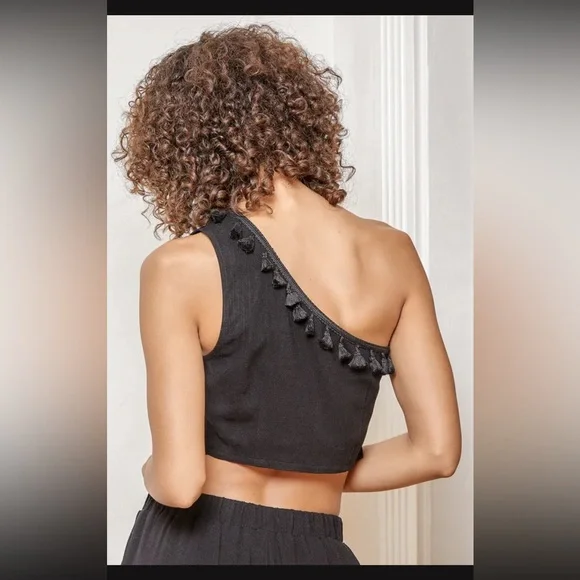 Linen Blend One Shoulder Tassel Crop Top & Wide-Leg Pants Set - Like New - Picture 6 of 17